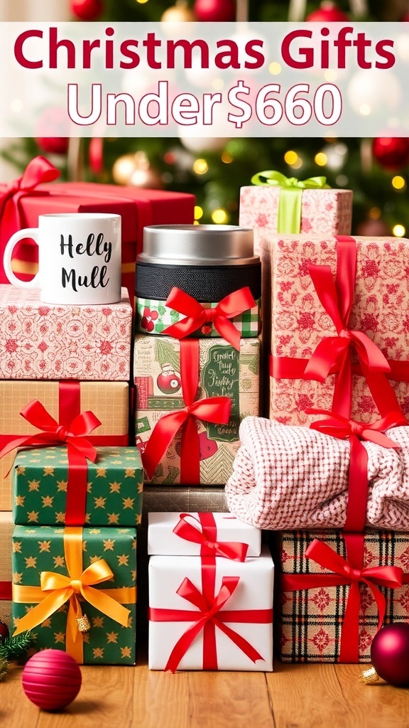 Affordable Christmas Gift Ideas Under $60 A collection of affordable Christmas gifts under $60, including a mug, speaker, and blanket, arranged with festive decorations.